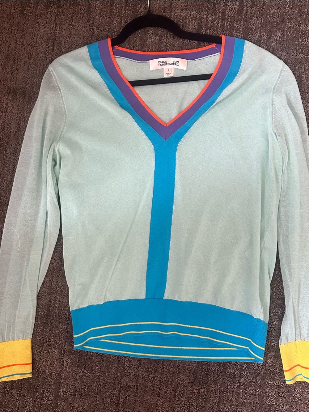 Diane Von Furstenberg Mint V-Neck Sweater with Blue, Yellow & Coral Trim